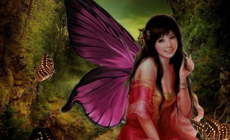 Woman with Butterfly Wings — Purple, Serene, Digital Art, Forest