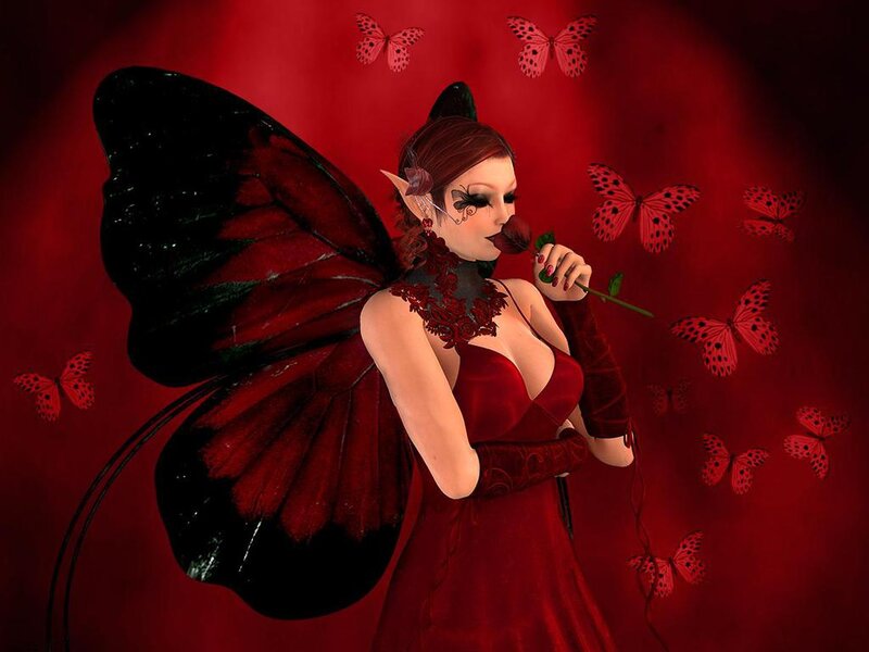 Woman with Butterfly Wings — Red, Dramatic, Digital Art, Butterflies, Rose