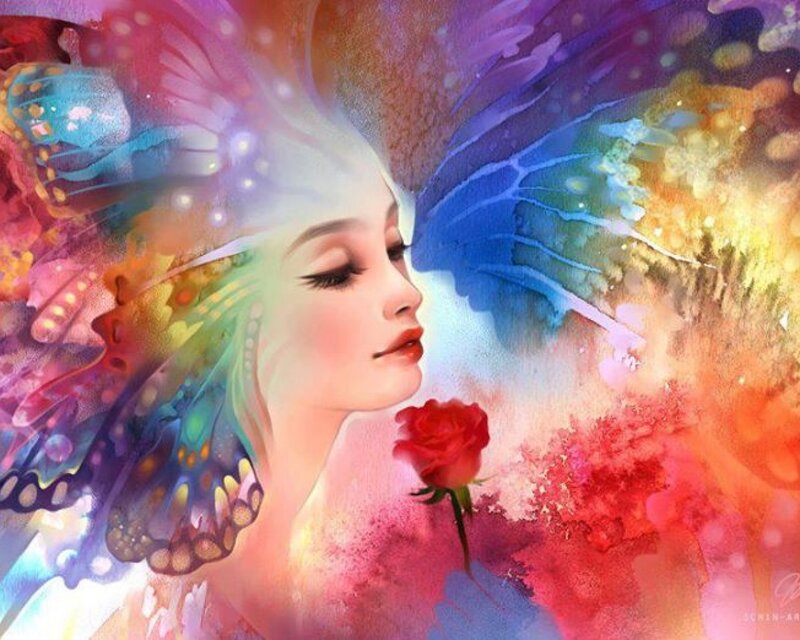 Woman with Butterfly Wings — Red, Dreamy, Digital Art, Rose