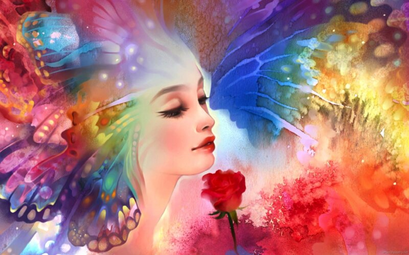 Woman with Butterfly Wings — Red, Dreamy, Digital Art