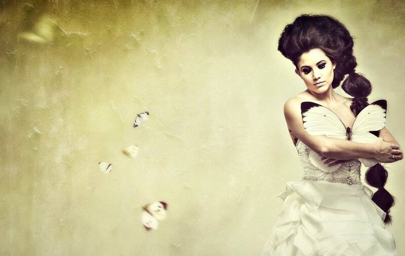 Woman with Butterfly Wings — White, Dramatic, Photograph, Butterflies