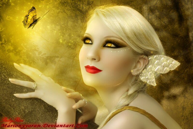 Woman with Butterfly Wings — Yellow, Ethereal, Digital Art, Ring