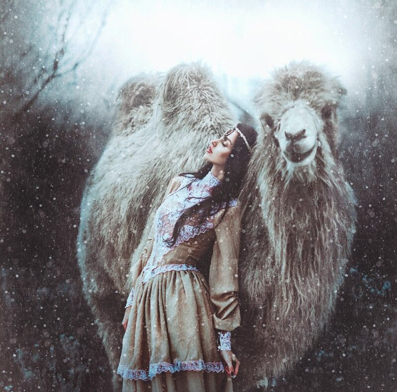Woman with Camel in Snow