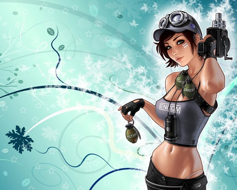 Woman with Camera and Grenade — Teal