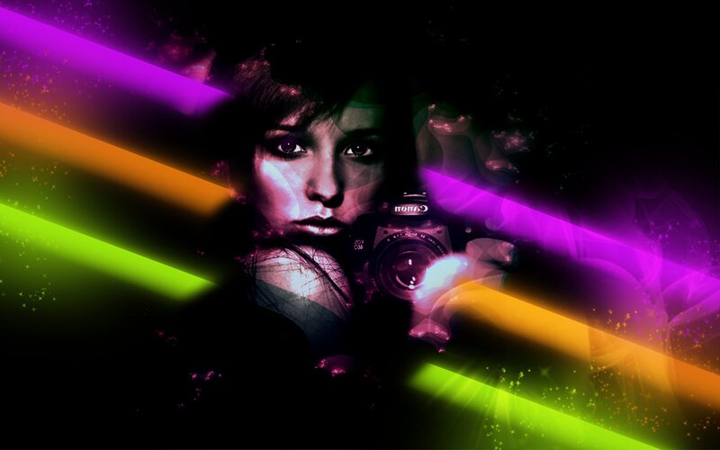 woman with camera and neon lights