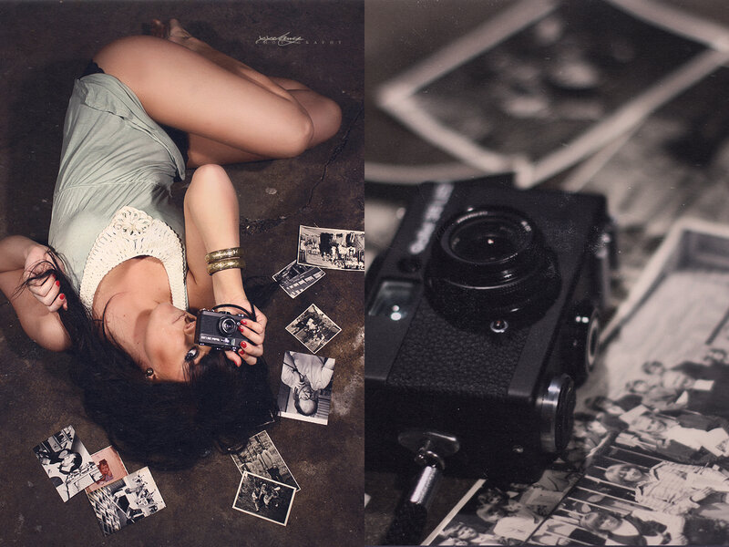 woman with camera and photos