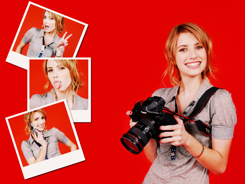 woman with camera and photos