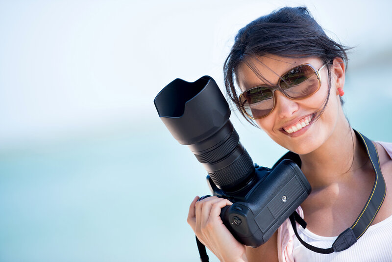 Woman with Camera — Blue, Cheerful