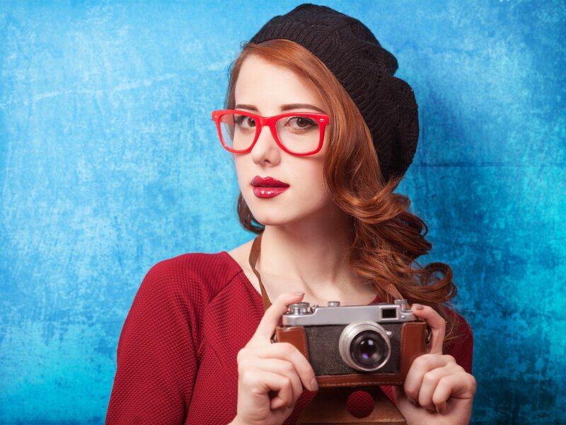 Woman with Camera — Blue, Confident