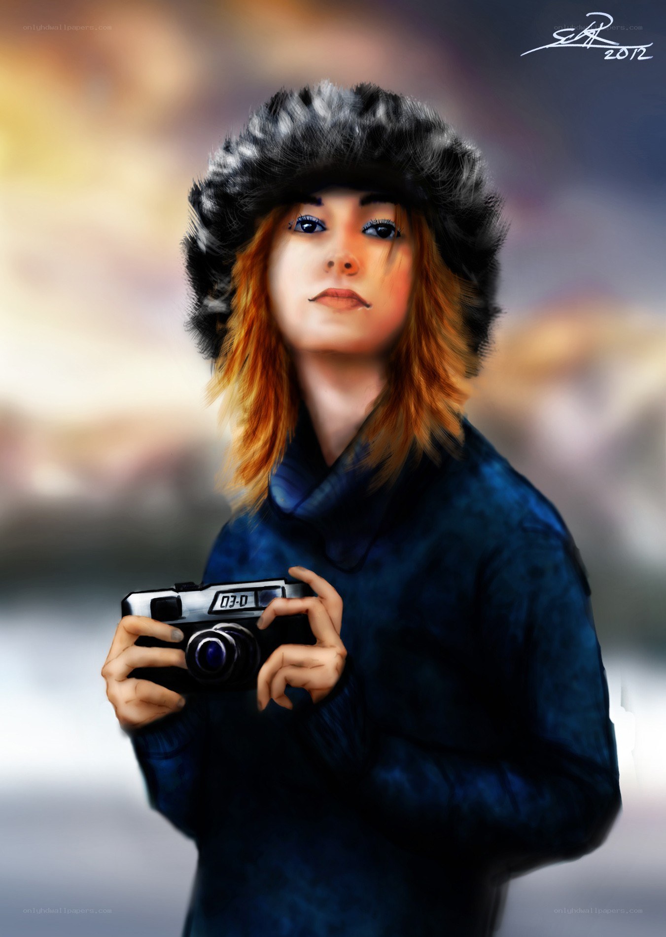 woman with camera in winter hat