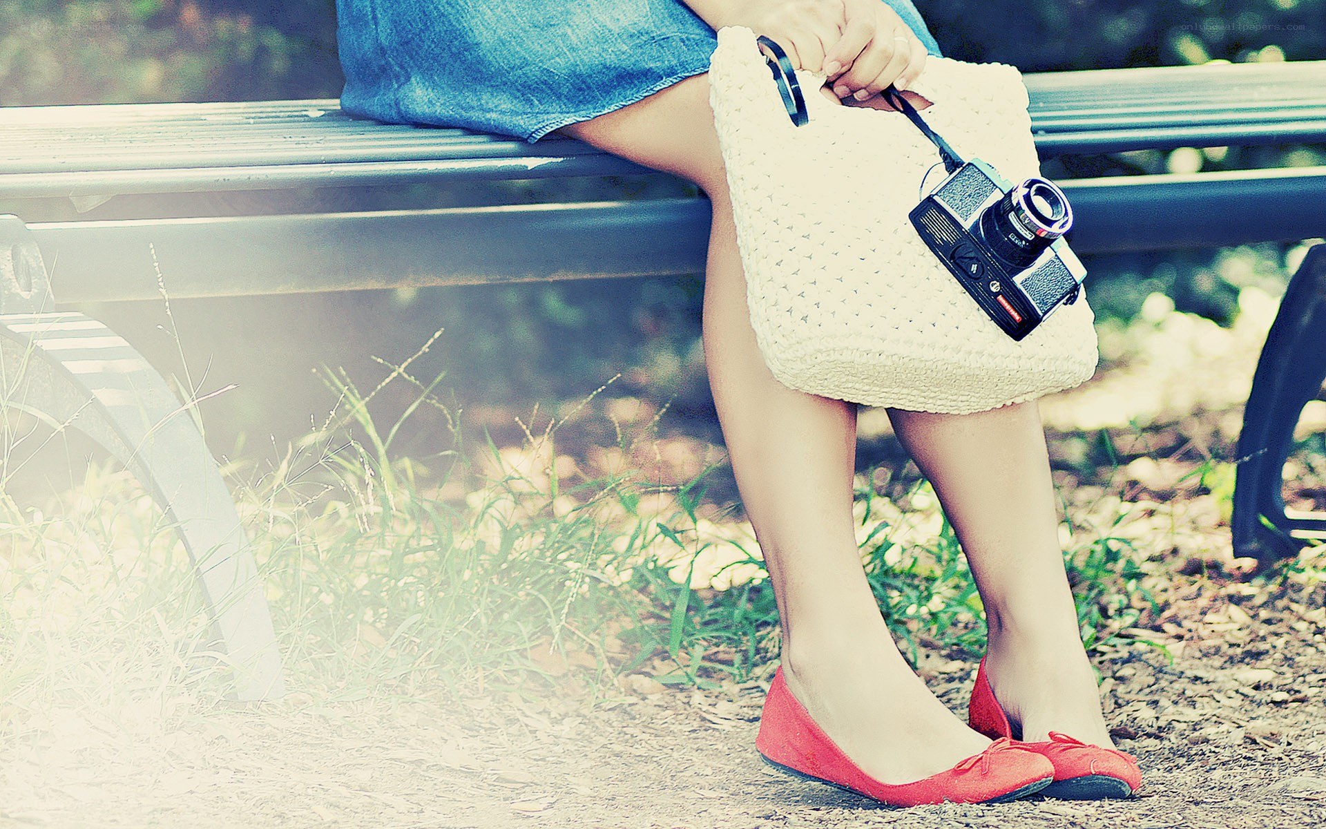 Woman with camera on bench