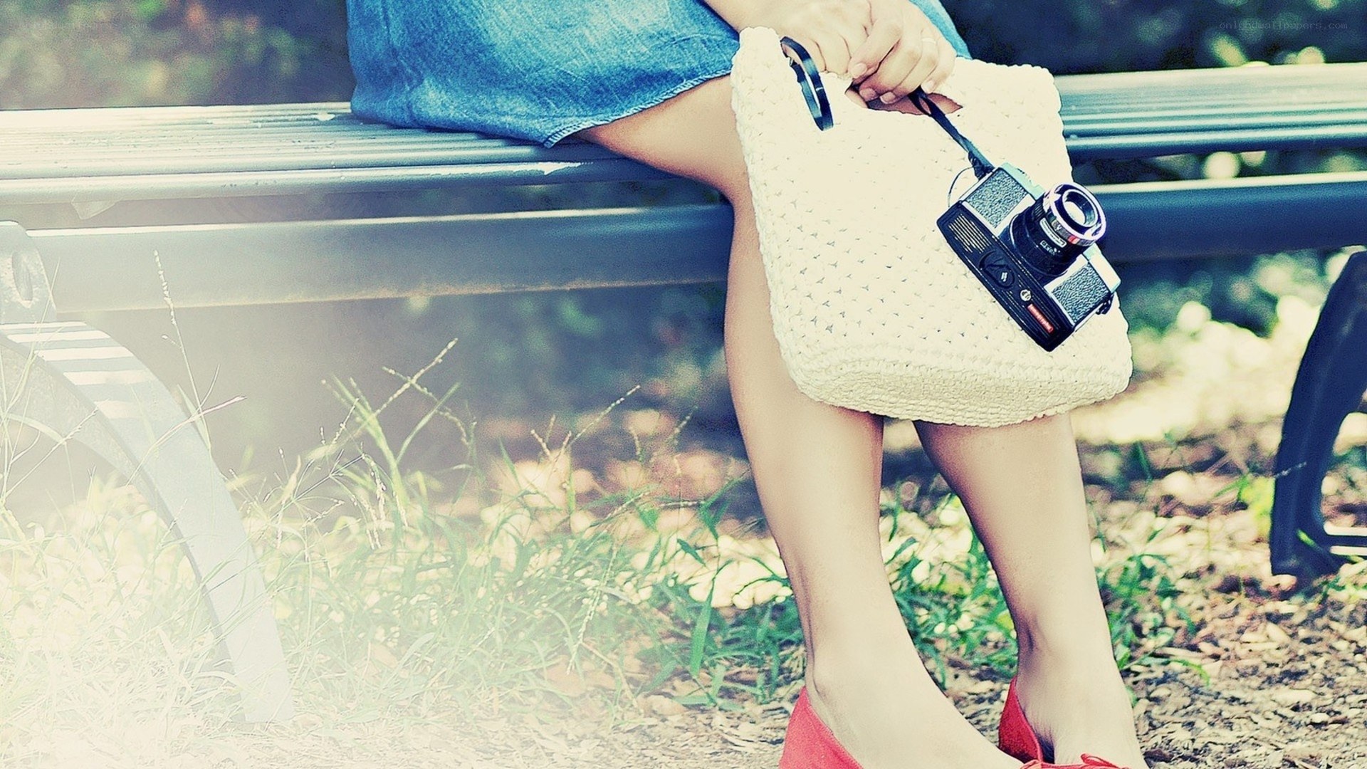 woman with camera on bench