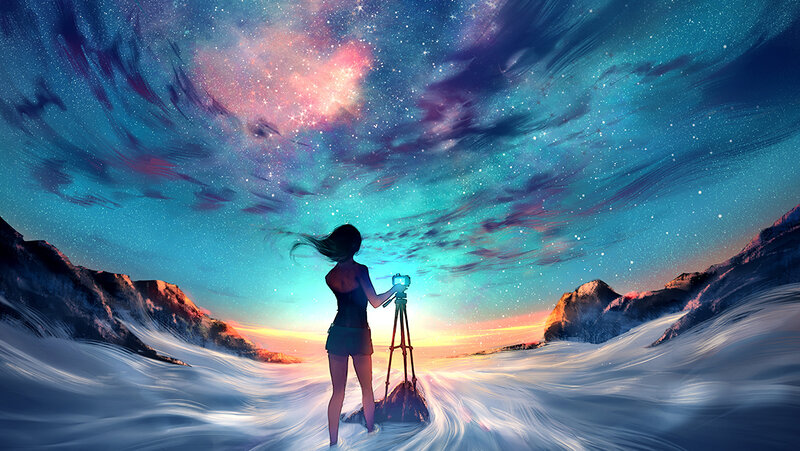 Woman with Camera on Tripod — Blue