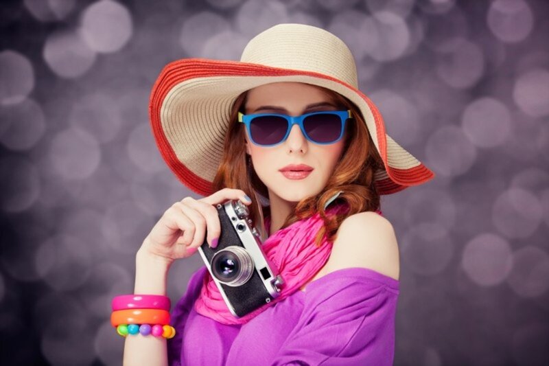 Woman with Camera — Purple, Stylish, Photograph
