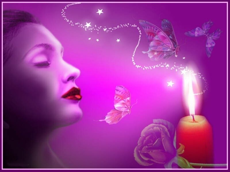 woman with candle and butterflies