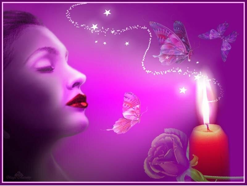 woman with candle and butterflies