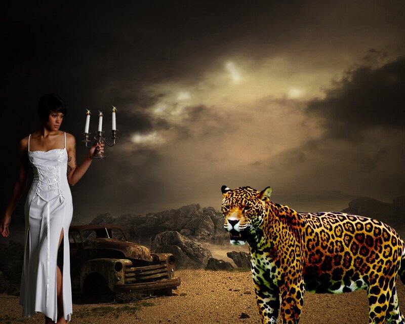 Woman with Candle and Jaguar — White