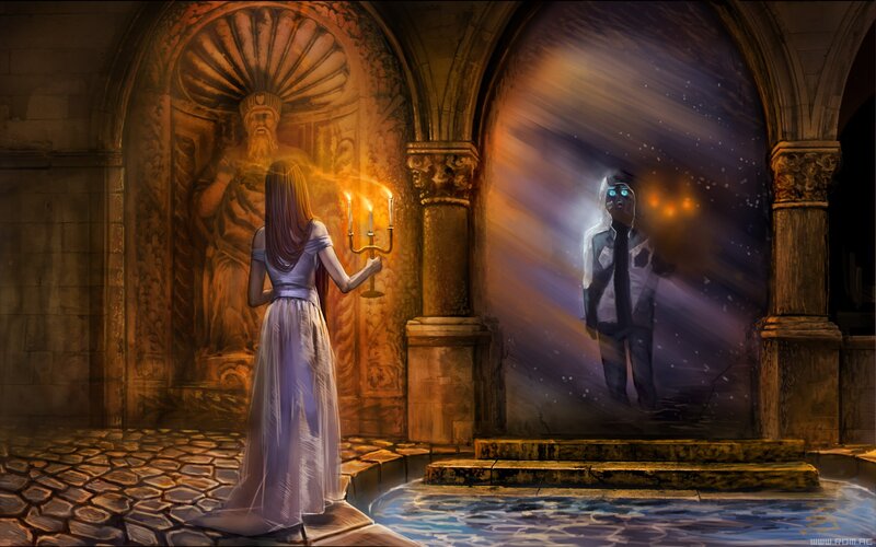 woman with candle in ancient hall