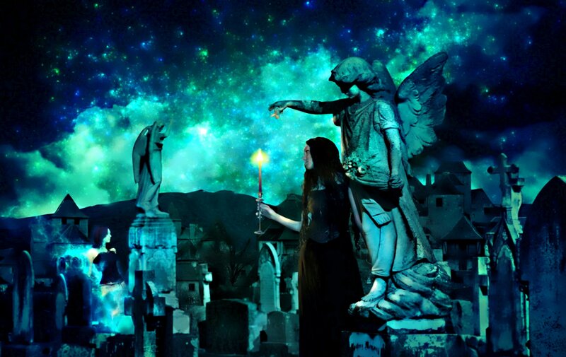 Woman with Candle in Cemetery