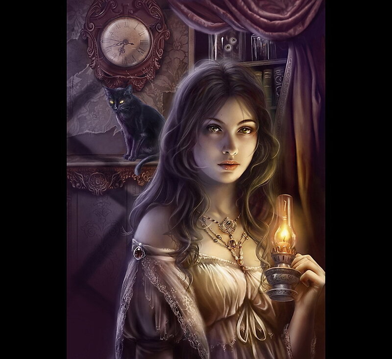 woman with candle in dark room
