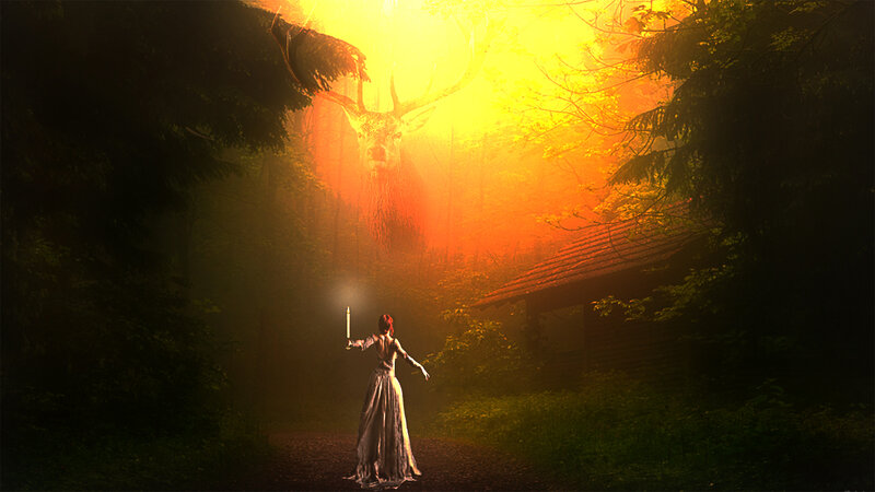 Woman with Candle in Forest — Yellow