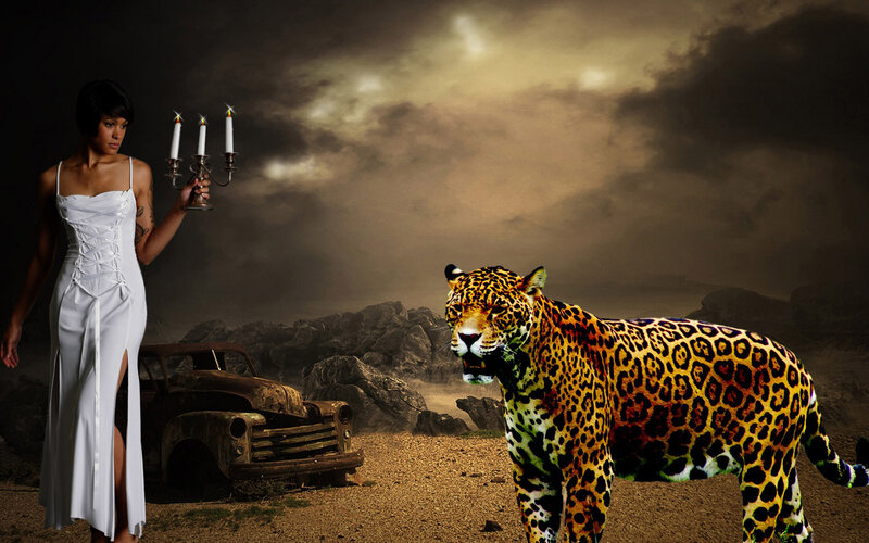 Woman with Candlestick and Jaguar — White