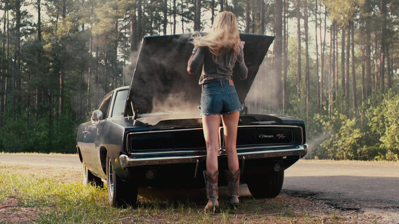 Woman with Car Hood — Black, Dramatic, Afternoon