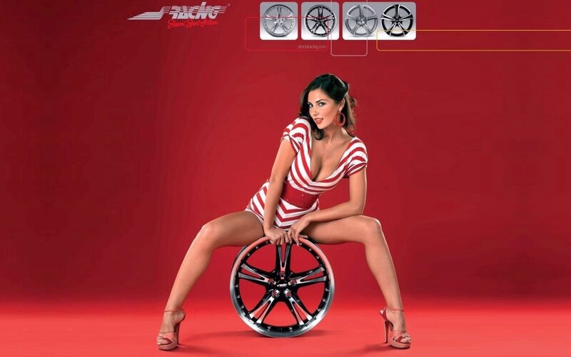 woman with car wheel