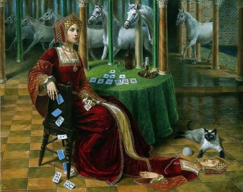 Woman with cards and horses