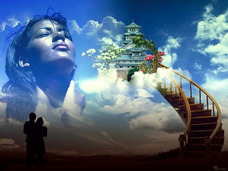 woman with castle in sky