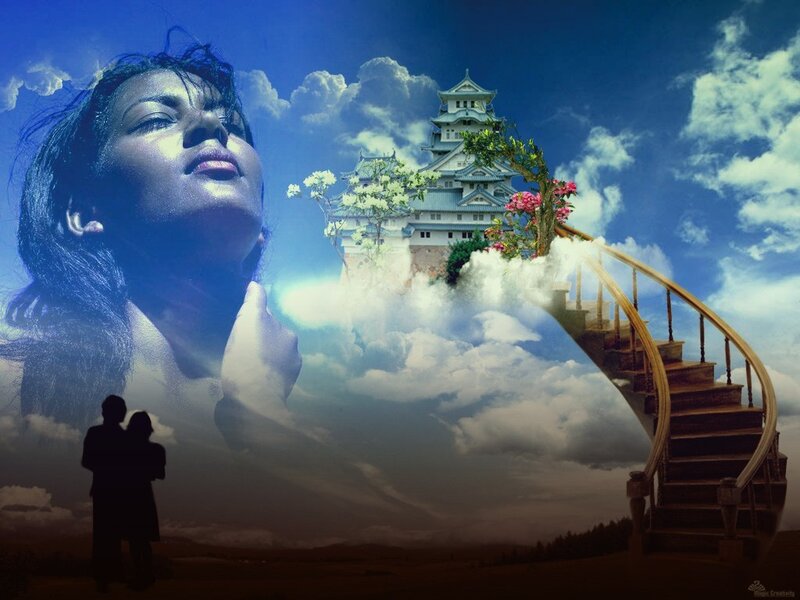 woman with castle in sky