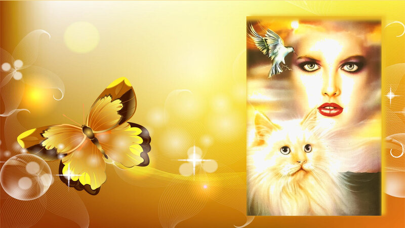 Woman with Cat and Bird — Yellow