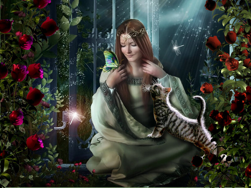 Woman with Cat and Butterfly