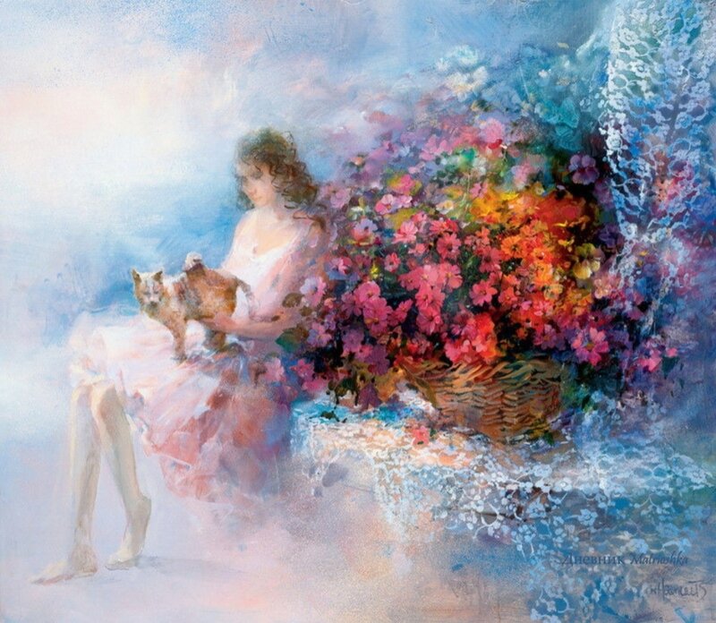 Woman with Cat and Flowers — Blue