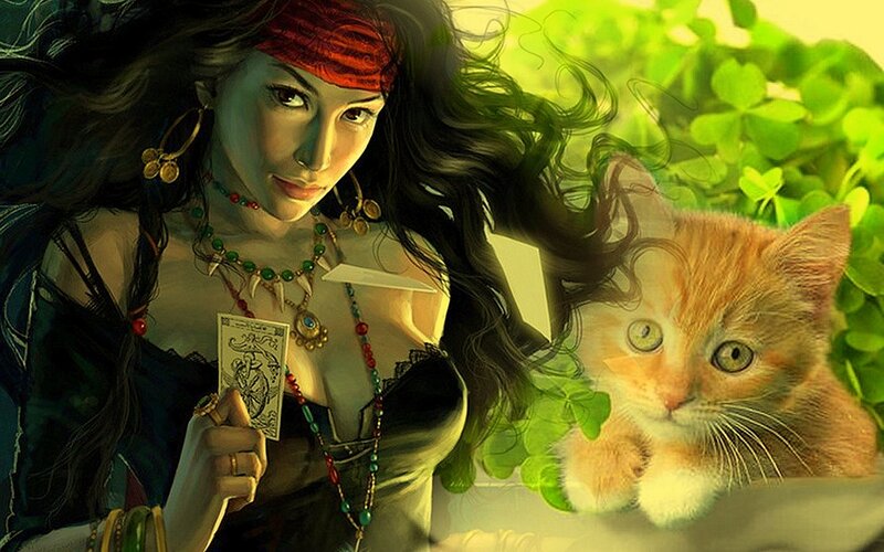 woman with cat and tarot card