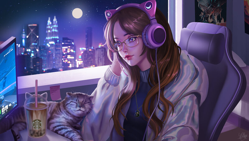 Woman with Cat at Desk