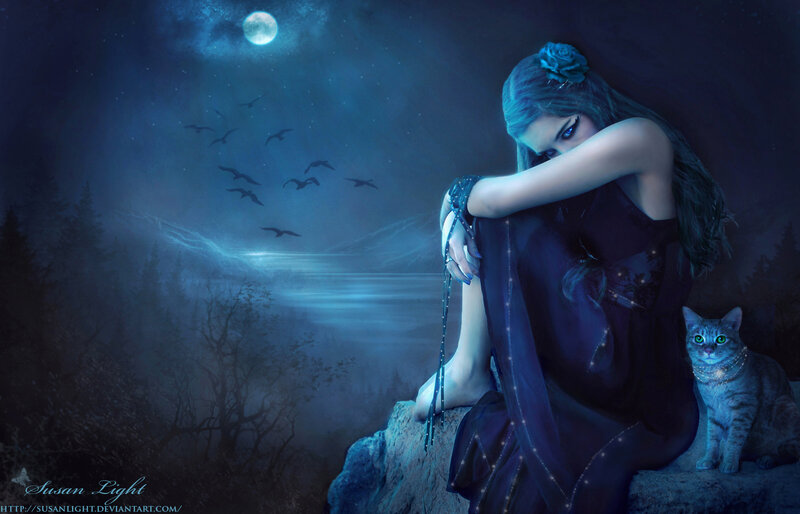 Woman with Cat at Night — Blue