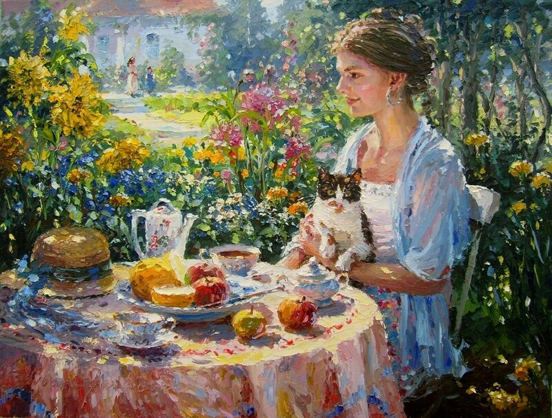 Woman with Cat at Table — Blue, Serene