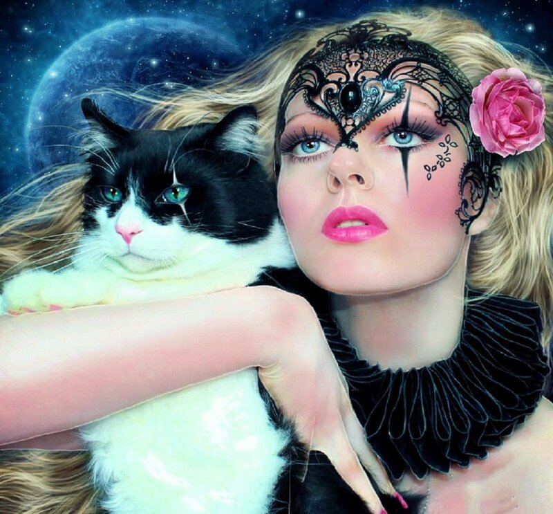 Woman with Cat — Blue, Dramatic, Night, Digital Art, Mask