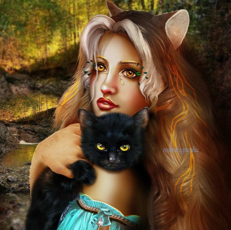 Woman with Cat — Brown, Melancholic