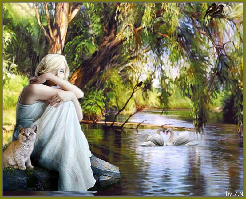 Woman with Cat by River