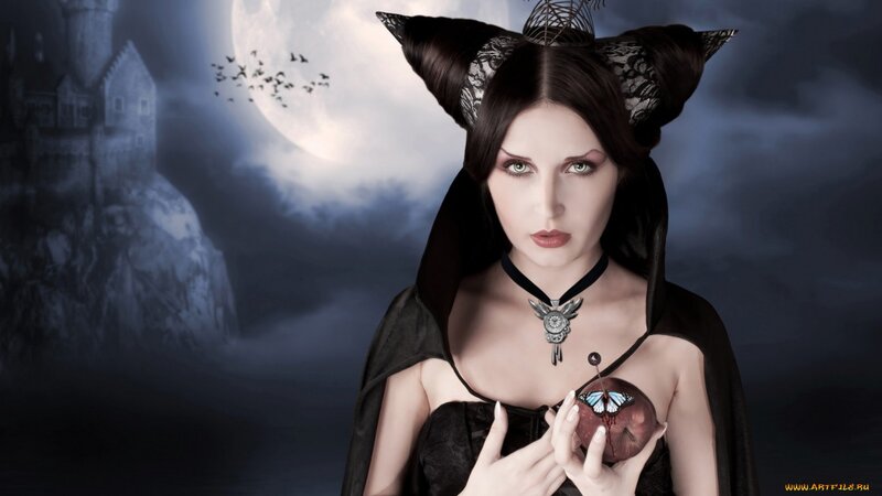 Woman with Cat Ears — Black, Dramatic, Night