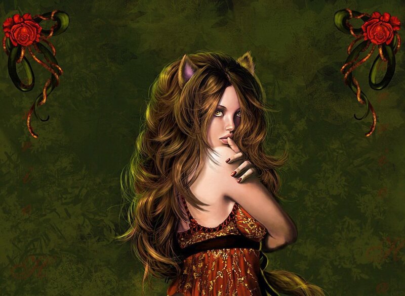 Woman with Cat Ears — Green, Dramatic
