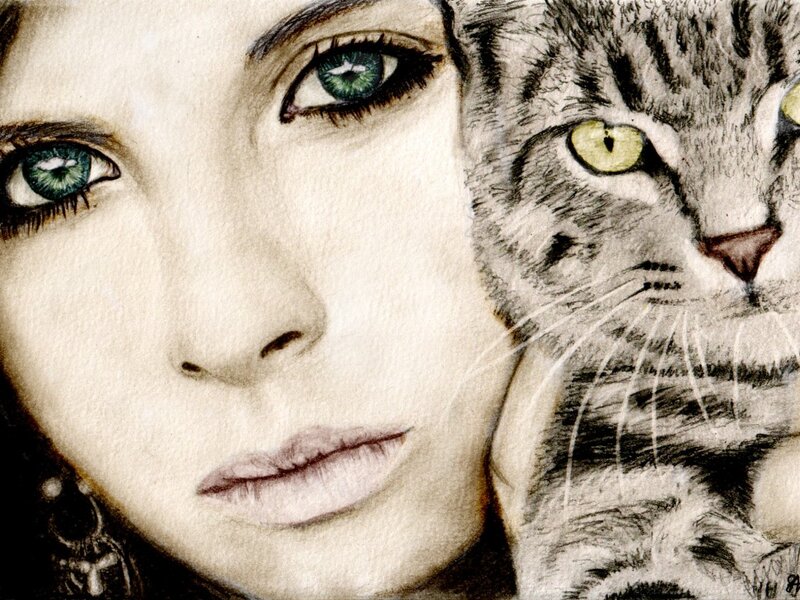 Woman with Cat — Green