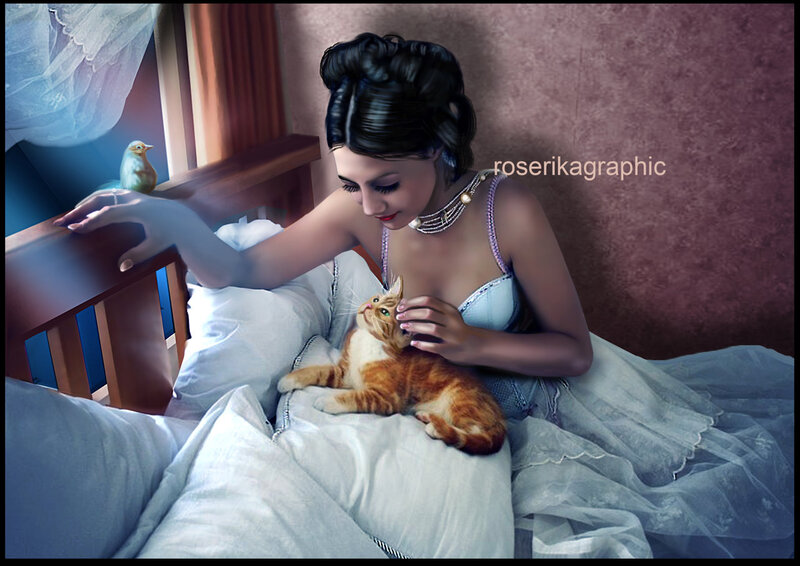 Woman with Cat in Bed — Blue