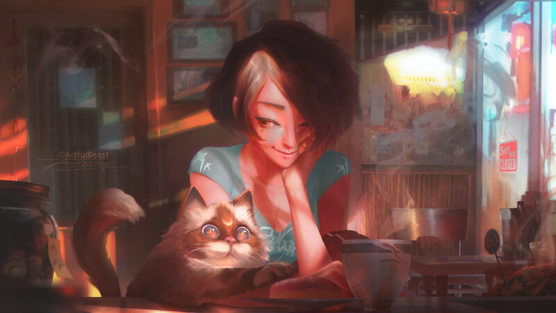 Woman with Cat in Cafe