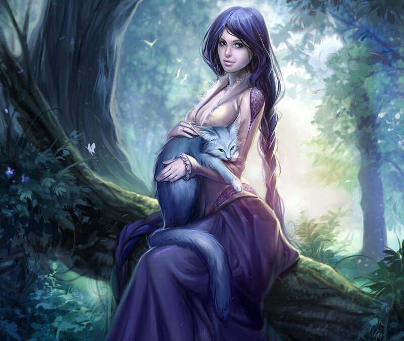 woman with cat in forest