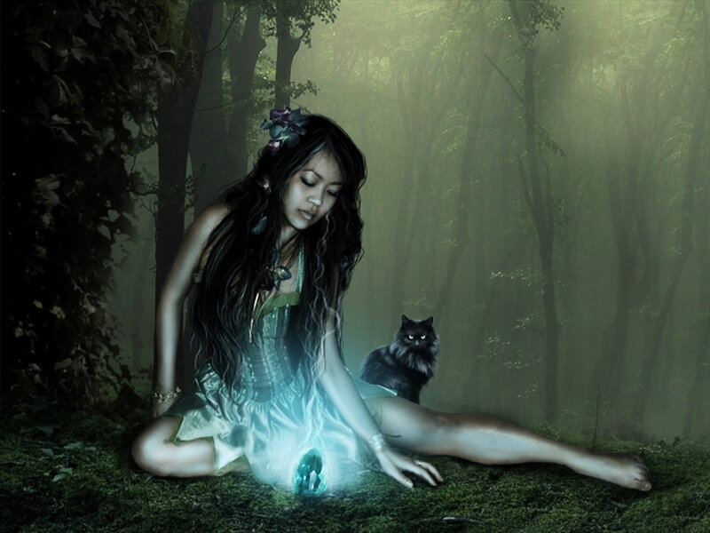 Woman with Cat in Forest — Green, Mysterious