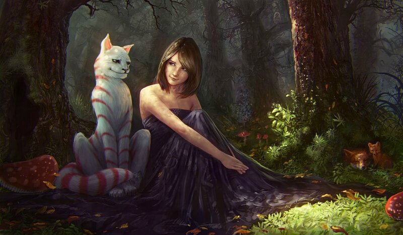 Woman with Cat in Forest — Green, Serene