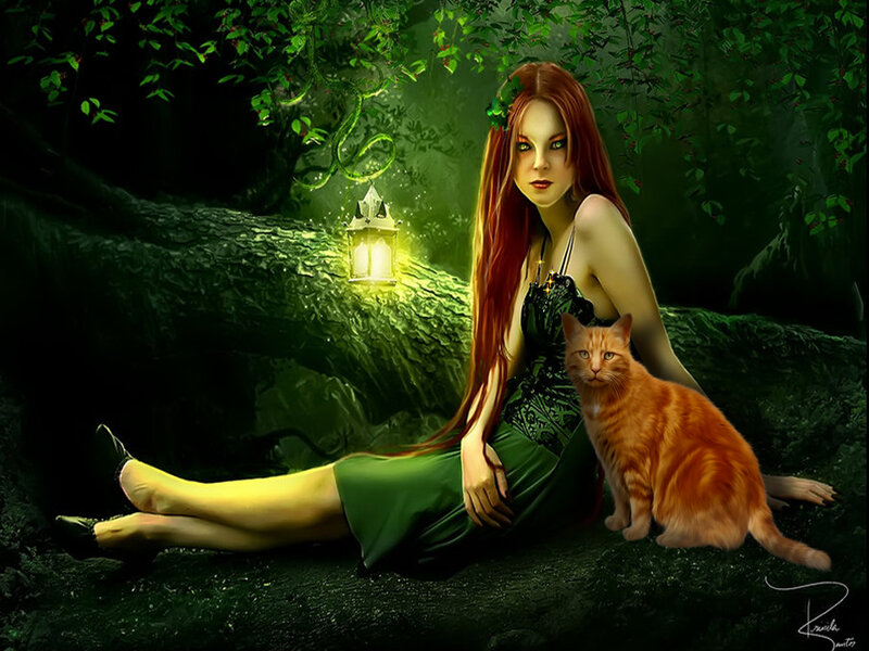 Woman with Cat in Forest — Green